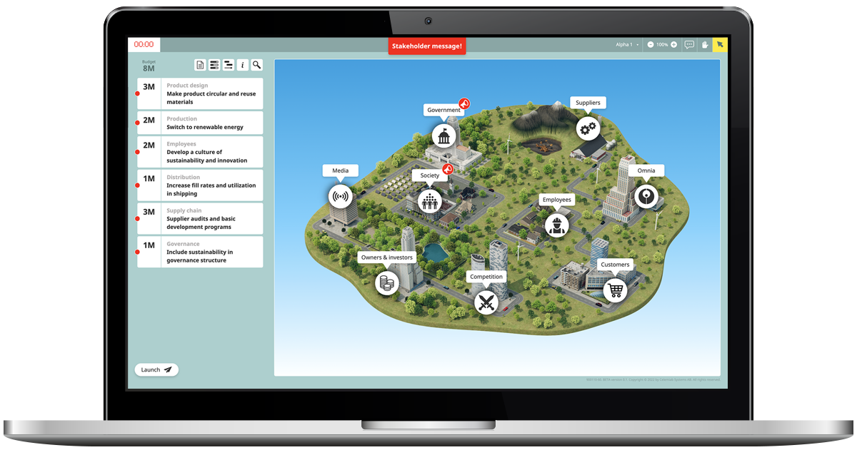 Laptop showing CELEMI Sustainability™ business simulation