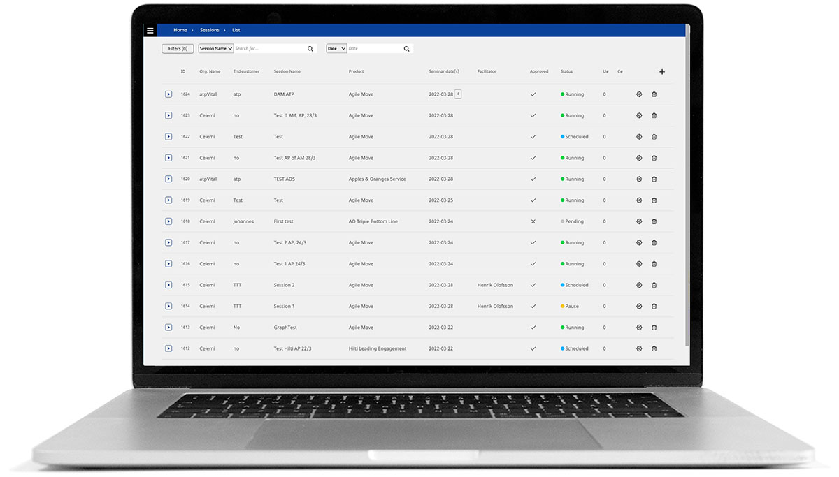 Celemi Learning Space™ dashboard with admin view on a laptop