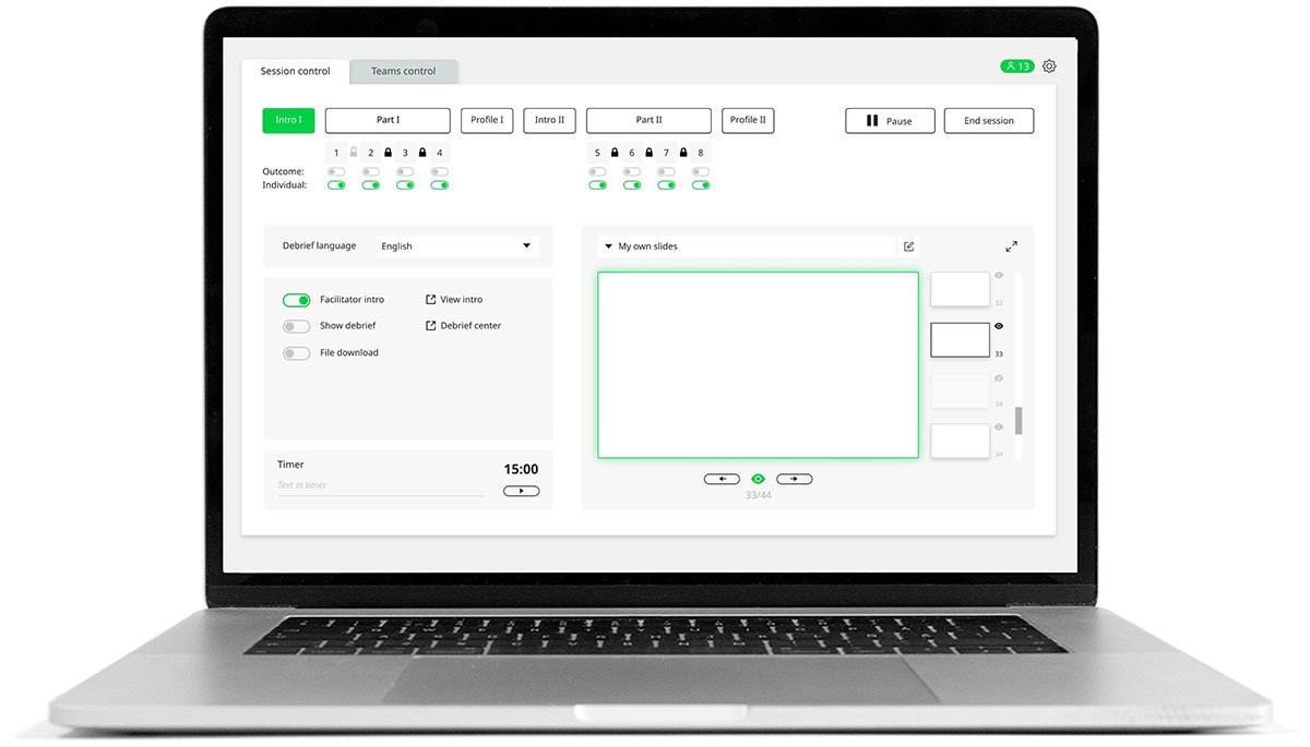 Celemi Learning Space™ dashboard with facilitator view on a laptop